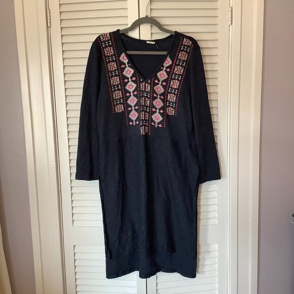 Anthropologie Akemi + Kin Savin tunic sweater navy embroidered v-neck XL - Picture 2 of 9